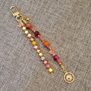Colorful Beaded Bag Charm Keychain with Gold Accents